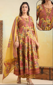 Mustard Yellow maroon Pure Cotton front Knott Anarkali sui