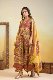 Mustard Yellow maroon Pure Cotton front Knott Anarkali sui