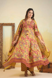 Mustard Yellow maroon Pure Cotton front Knott Anarkali sui