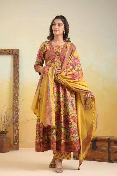 Mustard Yellow maroon Pure Cotton front Knott Anarkali sui